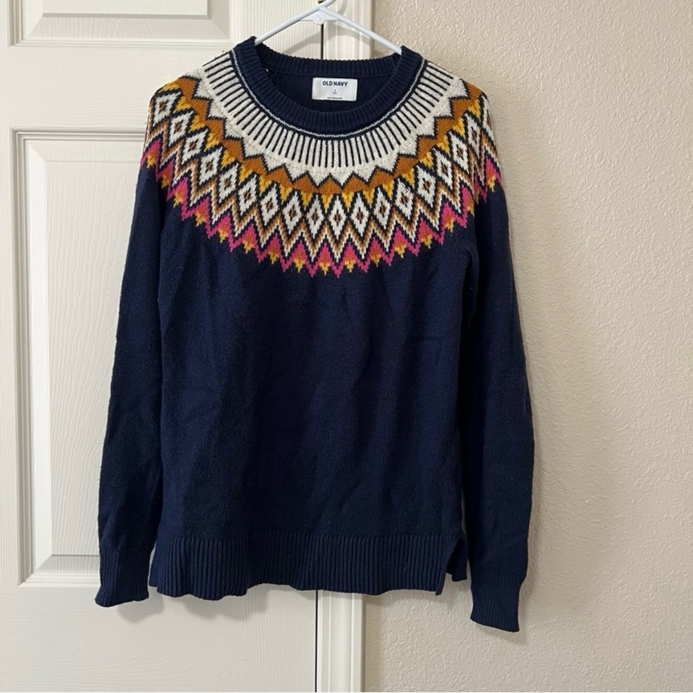 Old Navy Fair Isle Knit Sweater | Navy Multicolor Pattern | Size Small Tall